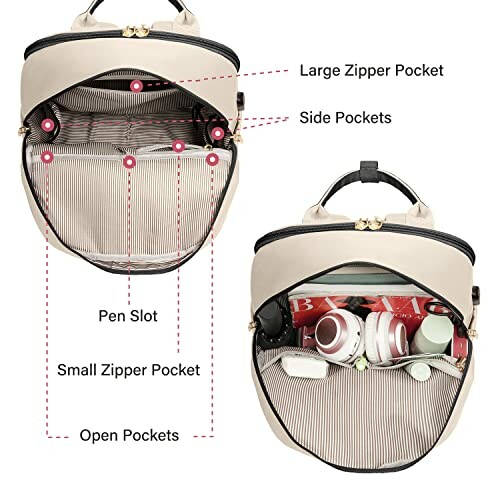 Open backpack showing large zipper pocket, side pockets, pen slot, small zipper pocket, and open pockets.