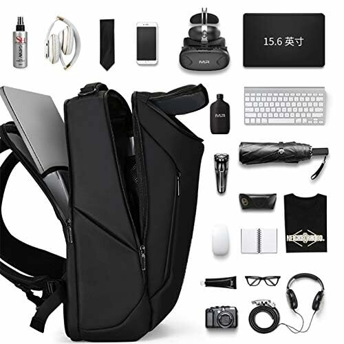 Black backpack with various electronic gadgets and accessories.