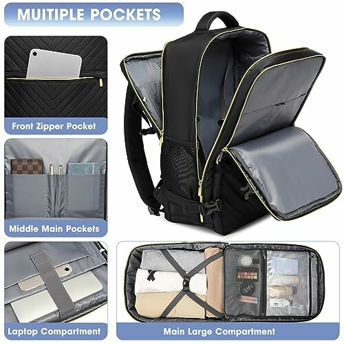 Backpack with multiple pockets displaying front zipper pocket, middle main pockets, and main large compartment.