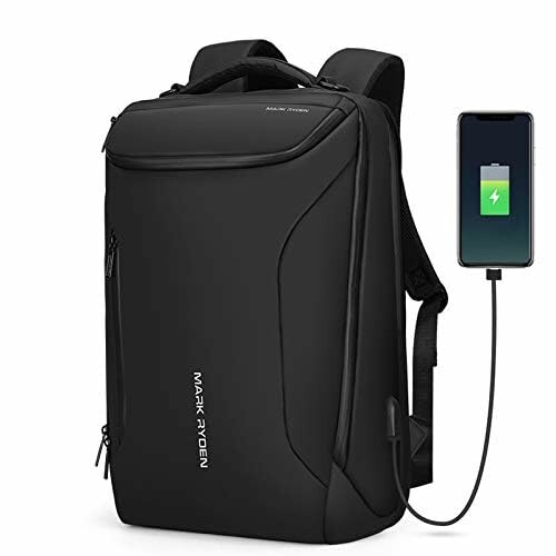 Black anti-theft backpack with USB charging port and connected smartphone.