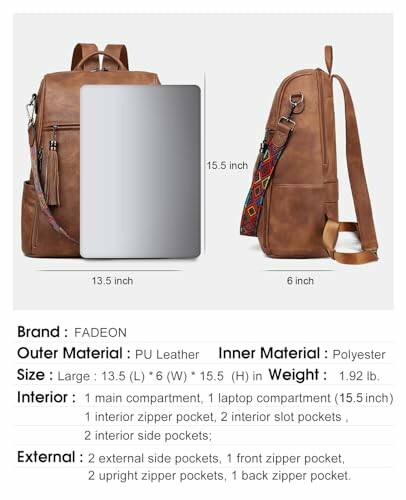 Brown PU leather backpack with laptop compartment and multiple pockets.