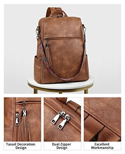 Brown leather backpack with tassel decoration, dual zipper design, and excellent workmanship.