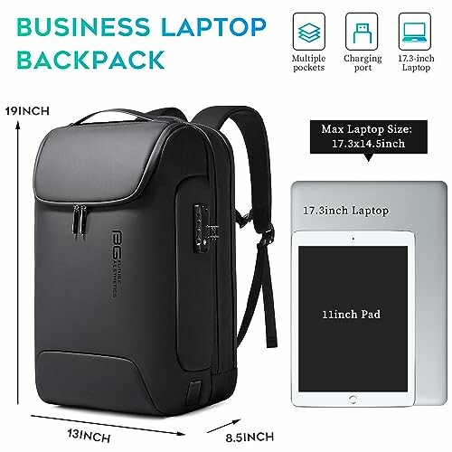 Black business laptop backpack with dimensions and features.