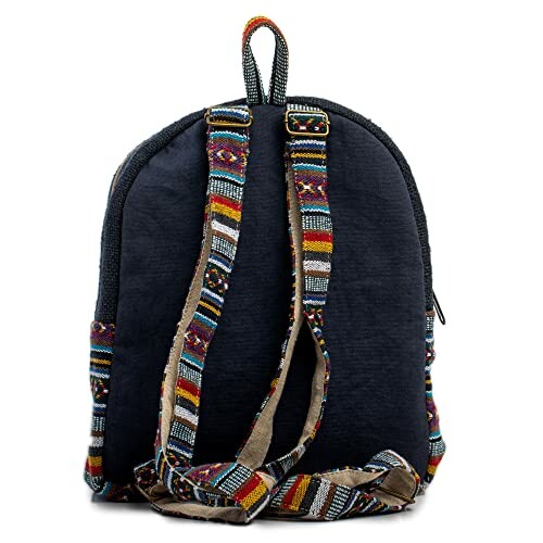 Backpack with colorful woven straps and accents.