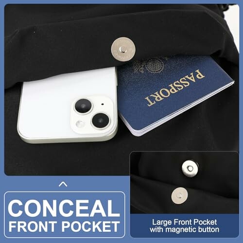 Concealed front pocket with phone and passport.