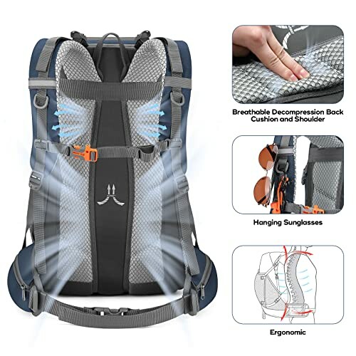 Ergonomic hiking backpack with breathable decompression back cushion and shoulder straps, hanging sunglasses feature.