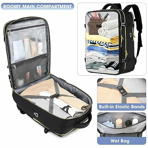 Expandable travel backpack with organized compartments for clothes and toiletries.