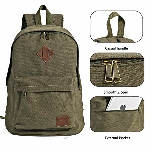 Green canvas backpack with casual handle, smooth zipper, and external pocket.