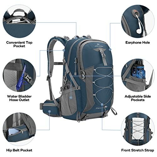 Blue hiking backpack with features labeled: convenient top pocket, earphone hole, water bladder hose outlet, adjustable side pockets, hip belt pocket, front stretch strap.