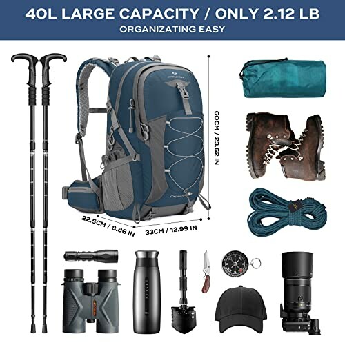 Hiking gear set including backpack, trekking poles, boots, rope, camera lens, binoculars, thermos, multitool, compass, hat, and pouch.