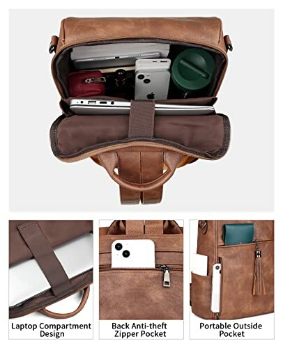 Open leather backpack showing organized compartments with laptop, gadgets, and accessories.