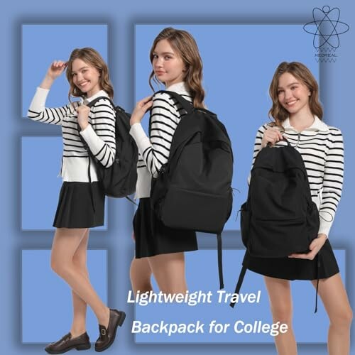 Three women modeling a lightweight travel backpack for college.