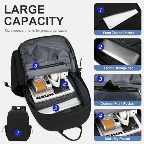 Backpack with multiple compartments including front zipped pocket, laptop storage, conceal front pocket, and main big pocket.