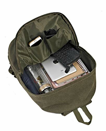 Open backpack with items including a phone, notebook, laptop, water bottle, and wallet.