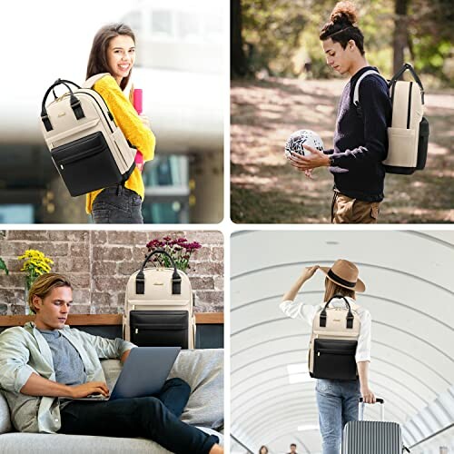 Four people using a stylish backpack in different settings.